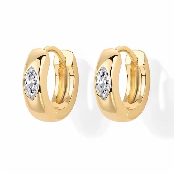 Jewelry - 14K Gold Plated Hoop Huggie Earrings with Marquise Accent - Women Jewelry